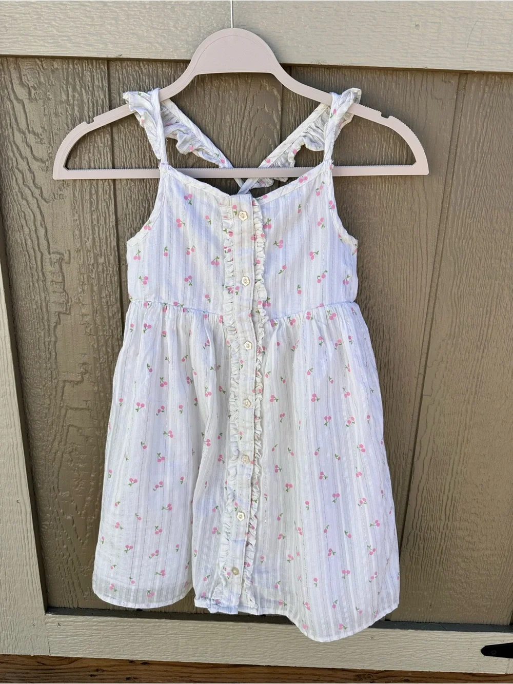 Girls White Floral Summer Dress with Pink Cherry Print and Crossbody Purse EUC